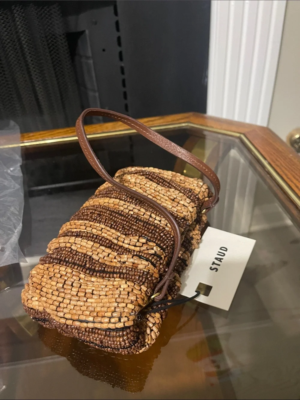 STAUD Beaded Tube Clutch in Light Brown & Dark Brown